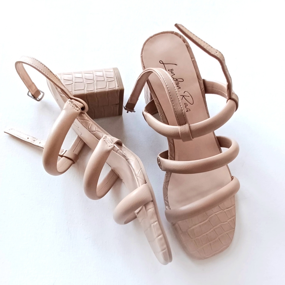 London Rag Nude Neutral Crocodile Print Strappy Sandal Block Heel